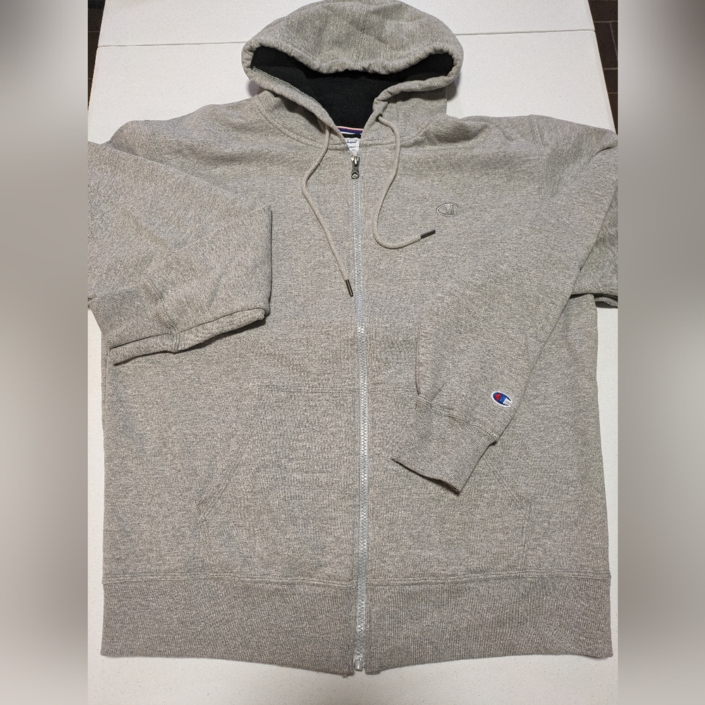 Champion Men's Powerblend Fleece Full Zip Up Hoodie Grey Embroidered Logo